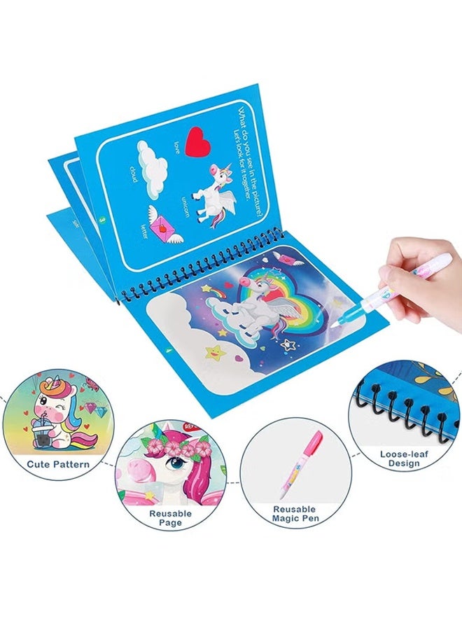 4 عبوات كتاب التلوين المائي السحري للرسوم المتحركة مع قلم مائي، كتاب التلوين المائي السحري للأطفال الصغار قابل لإعادة الاستخدام، كتاب تلوين الحيوانات الكرتونية يونيكورن قابل لإعادة الاستخدام، كتاب تلوين كرتوني للأولاد والبنات ألعاب تعليمية تعليمية تعليمية هدايا - Image 3